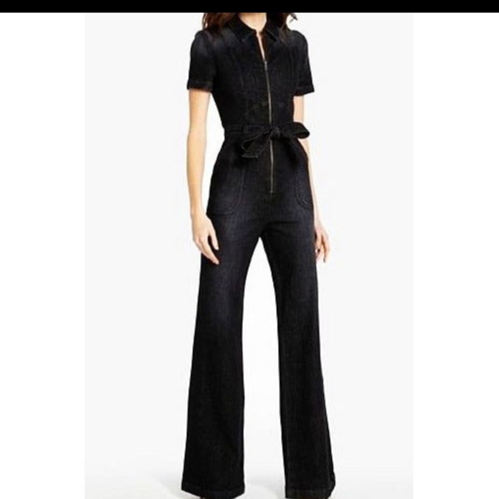 Alice + Olivia Gorgeous Wide Leg Jumpsuit Night Trade Belted Dark Denim Romper